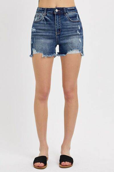 RISEN Distressed Raw Hem Denim Shorts - us.meeeshop