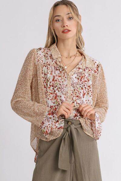 Umgee Mixed Print Metallic Detail Long Ruffle Sleeve Button Down Shirt Plus Size - us.meeeshop