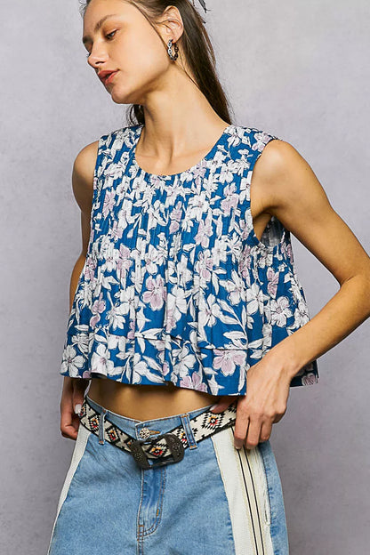 pol floral round Pol Floral Round Neck Cropped Pintuck Tank view 3 (top) - shop at us.meeeshop