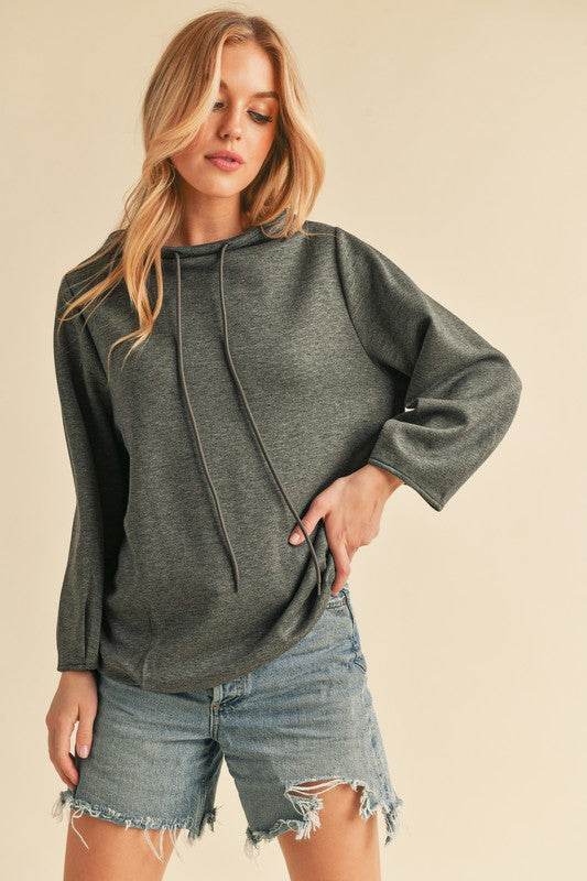 Aemi + Co Lightweight Drawstring Mock Neck Sweatshirt in Charcoal - us.meeeshop