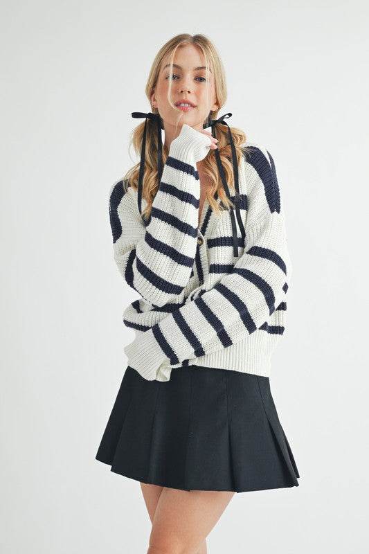 Aemi + Co Striped V-Neck Button Down Cardigan - us.meeeshop