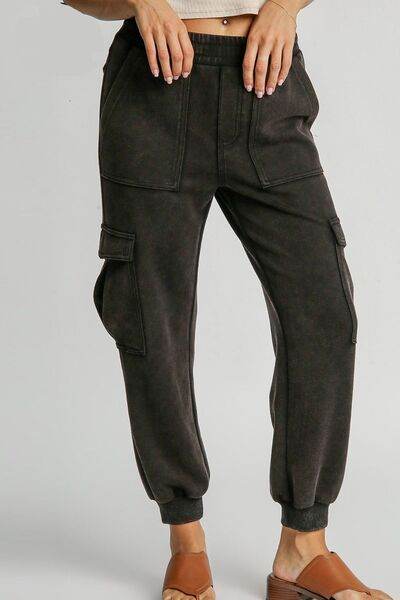 Umgee Mineral Washed Elastic Waist Cargo Pants Plus Size - us.meeeshop