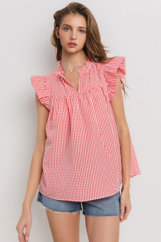 Ces Femme Plaid Notched Ruffled Cap Sleeve Blouse - us.meeeshop