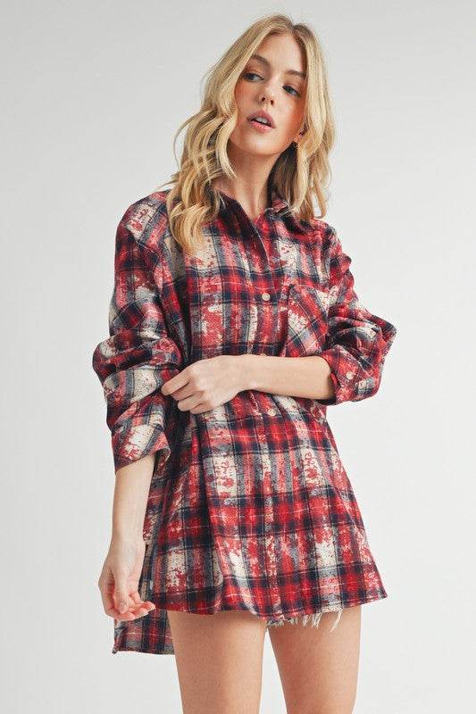 Aemi + Co Washed Plaid Button Up Raglan Sleeve Flannel Shirt in Scarlet - us.meeeshop