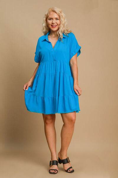 Umgee Raw Hem Folded Sleeve Tiered Dress Plus Size - us.meeeshop