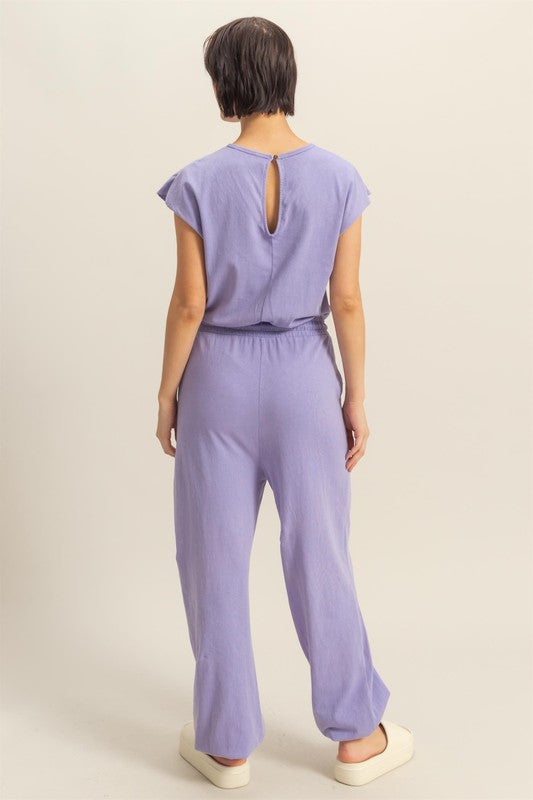 HYFVE Back Keyhole Round Neck Cap Sleeve Drawstring Jumpsuit in Lavender - us.meeeshop