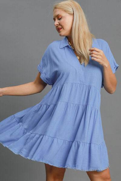 Umgee Raw Hem Folded Sleeve Tiered Dress Plus Size - us.meeeshop