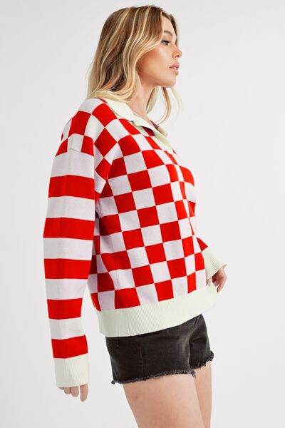 Aemi + Co Striped & Checkered Drop Shoulder Sweater - us.meeeshop