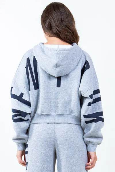 American Bazi Letter Graphic Long Sleeve Drawstring Cropped Hoodie - us.meeeshop