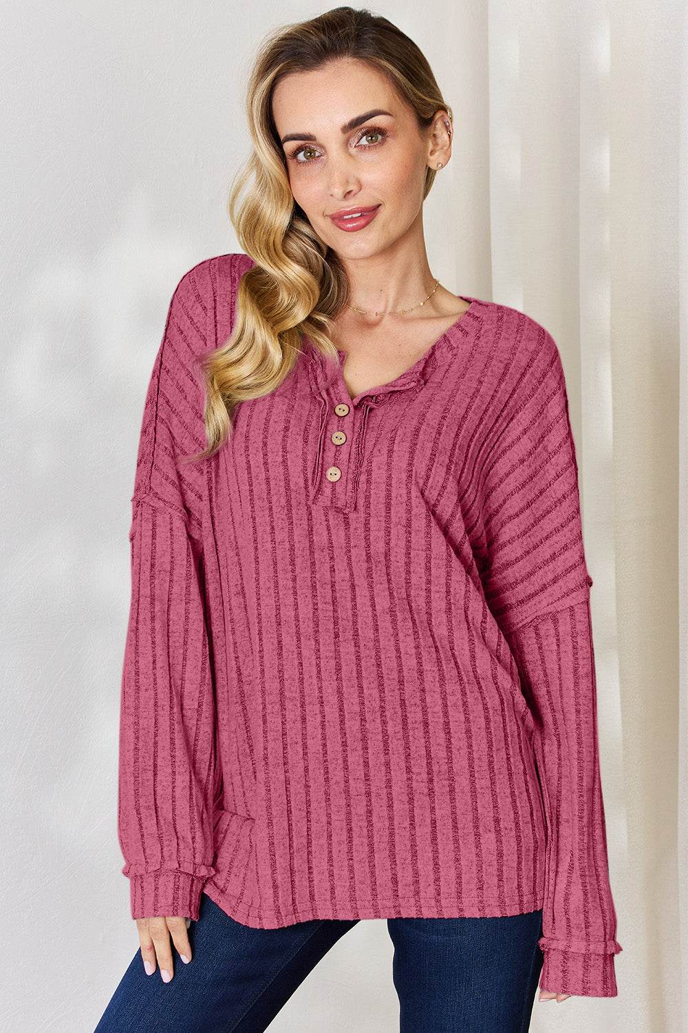 Ribbed Half Button Long Sleeve T-Shirt - us.meeeshop