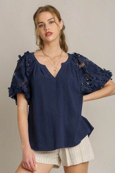 Umgee | French Terry Boxy Cut Top with 3D Floral Sleeve Plus Size - us.meeeshop