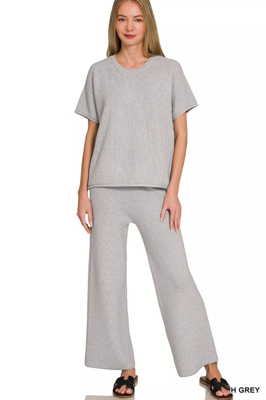 zenana viscose round Zenana Viscose Round Neck Top & Pants Set H GREY (top) - shop at us.meeeshop