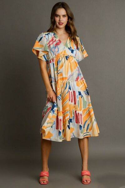 Umgee Abstract Print Flutter Sleeve Frill Tiered Midi Dress Plus Size - us.meeeshop