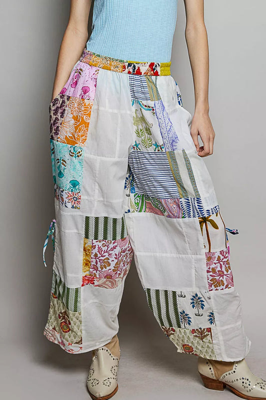 pol printed patchwork Pol Printed Patchwork Wide Leg Pants with Adjustable Side Drawstring IVORY MULTI (bottom) - shop at us.