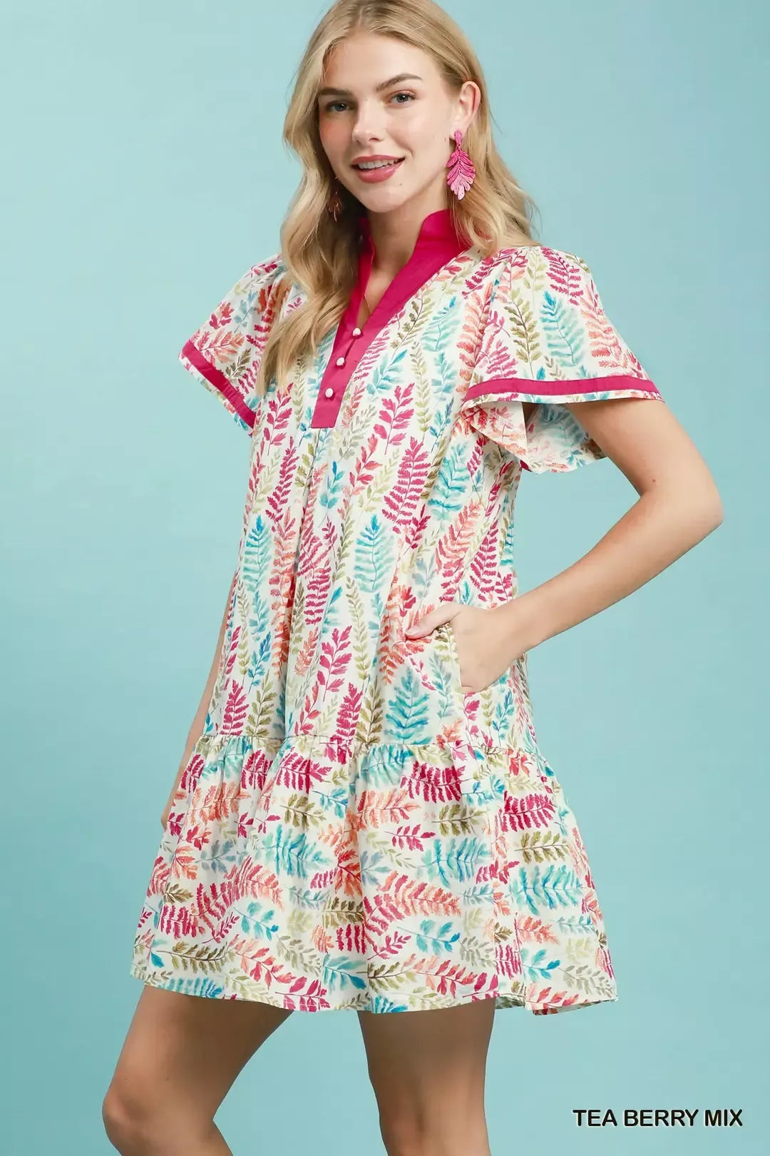 umgee leaf print Umgee Leaf Print Flutter Sleeve Tiered Mini Dress view 2 (dress) - shop at us.meeeshop