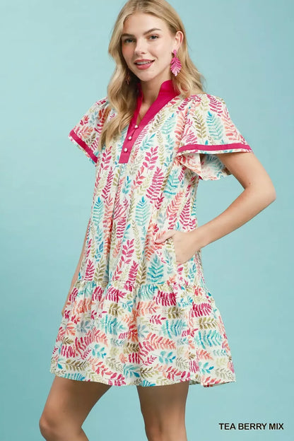 umgee leaf print Umgee Leaf Print Flutter Sleeve Tiered Mini Dress view 2 (dress) - shop at us.meeeshop