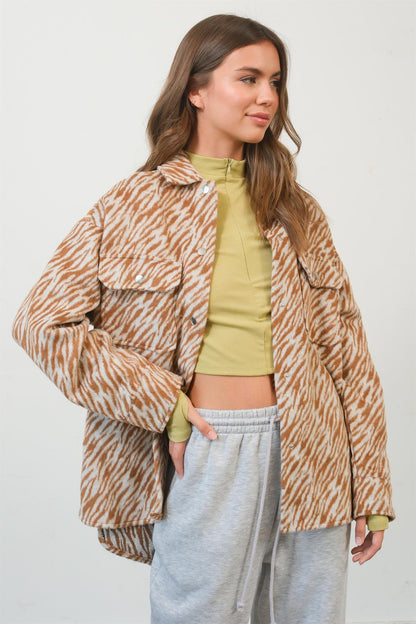 HYFVE Zebra Print Snap Down Long Sleeve Shacket In Camel