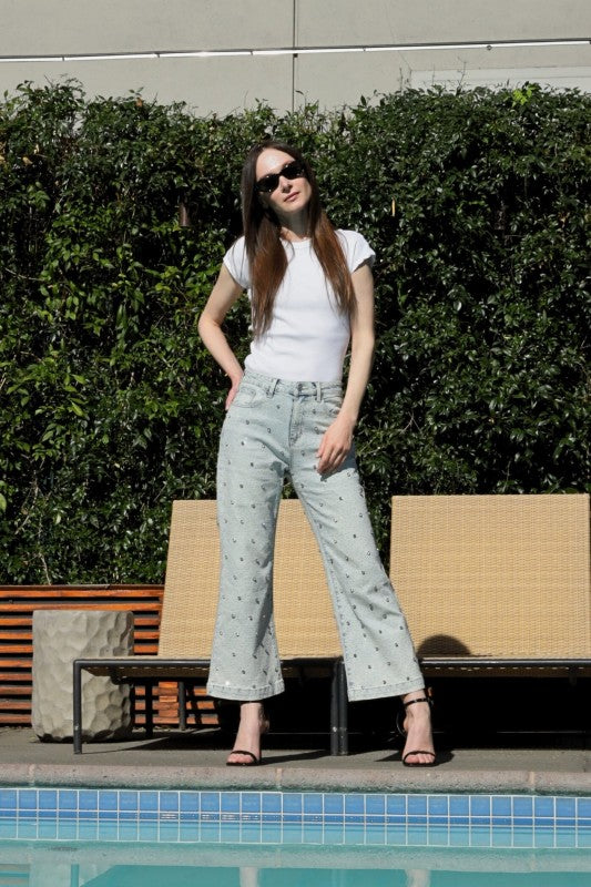 jewel embellished high Jewel Embellished High Rise Cropped Palazzo Jeans view 2 (bottom) - shop at us.meeeshop