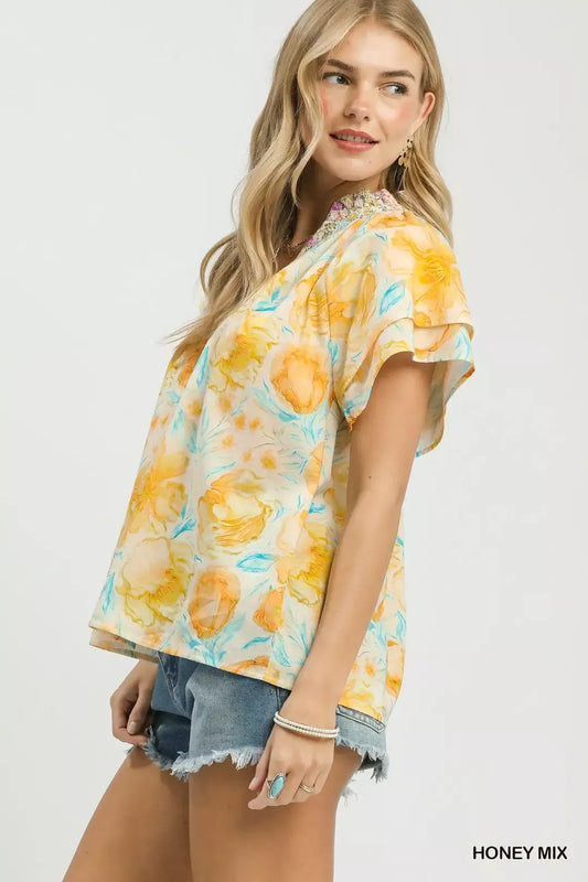 Umgee Mix Floral Print Blouse with Crochet Lace Trim (women's shirts & tops) view 2 - shop at us.meeeshop