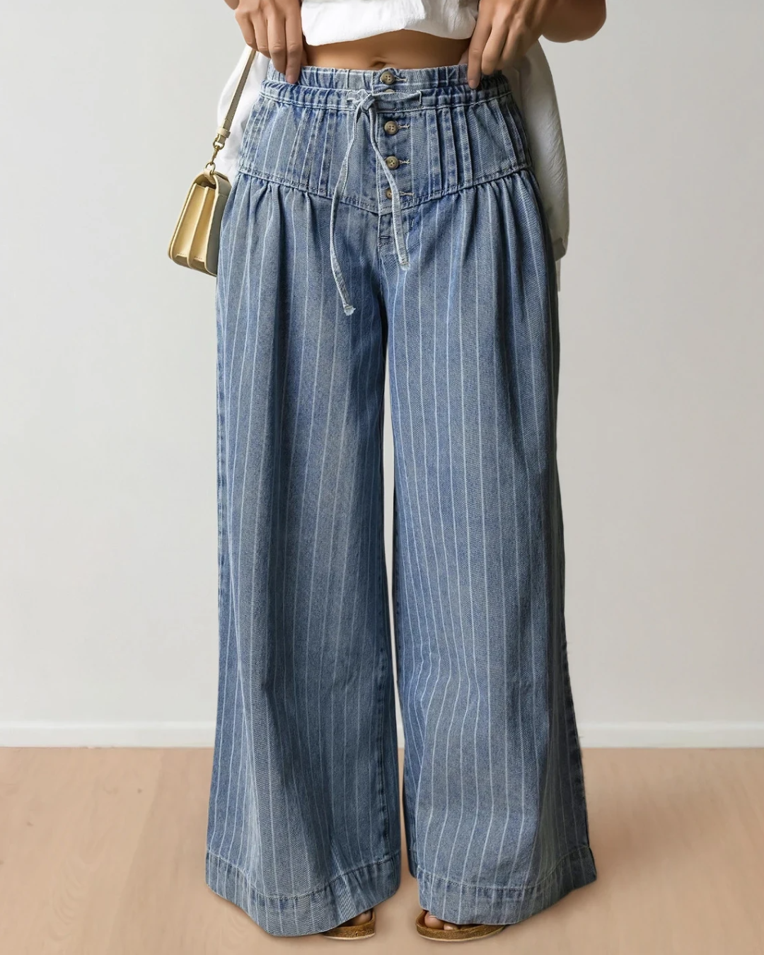 cora stripe button Cora Stripe Button Pleated Drawstring Waist Casual Wide Leg Jeans view 3 (bottom) - shop at us.meeeshop