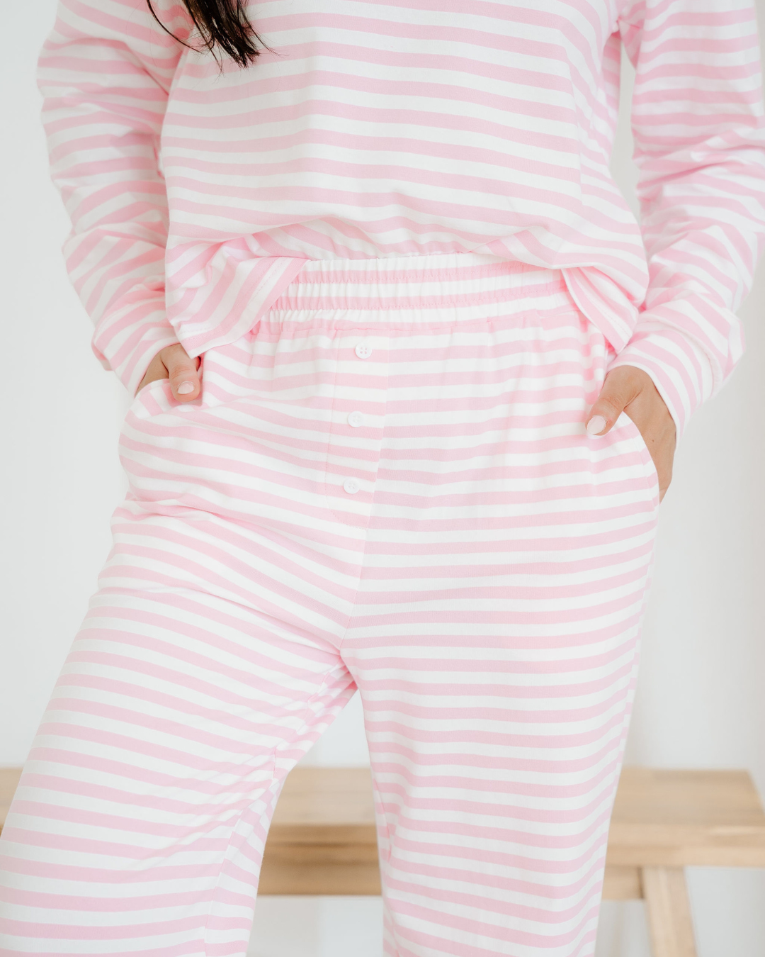 thea stripe drop Thea Stripe Drop Shoulder Round Neck Top and Buttoned Straight Pants Two Piece Set view 5 (top) - shop at us