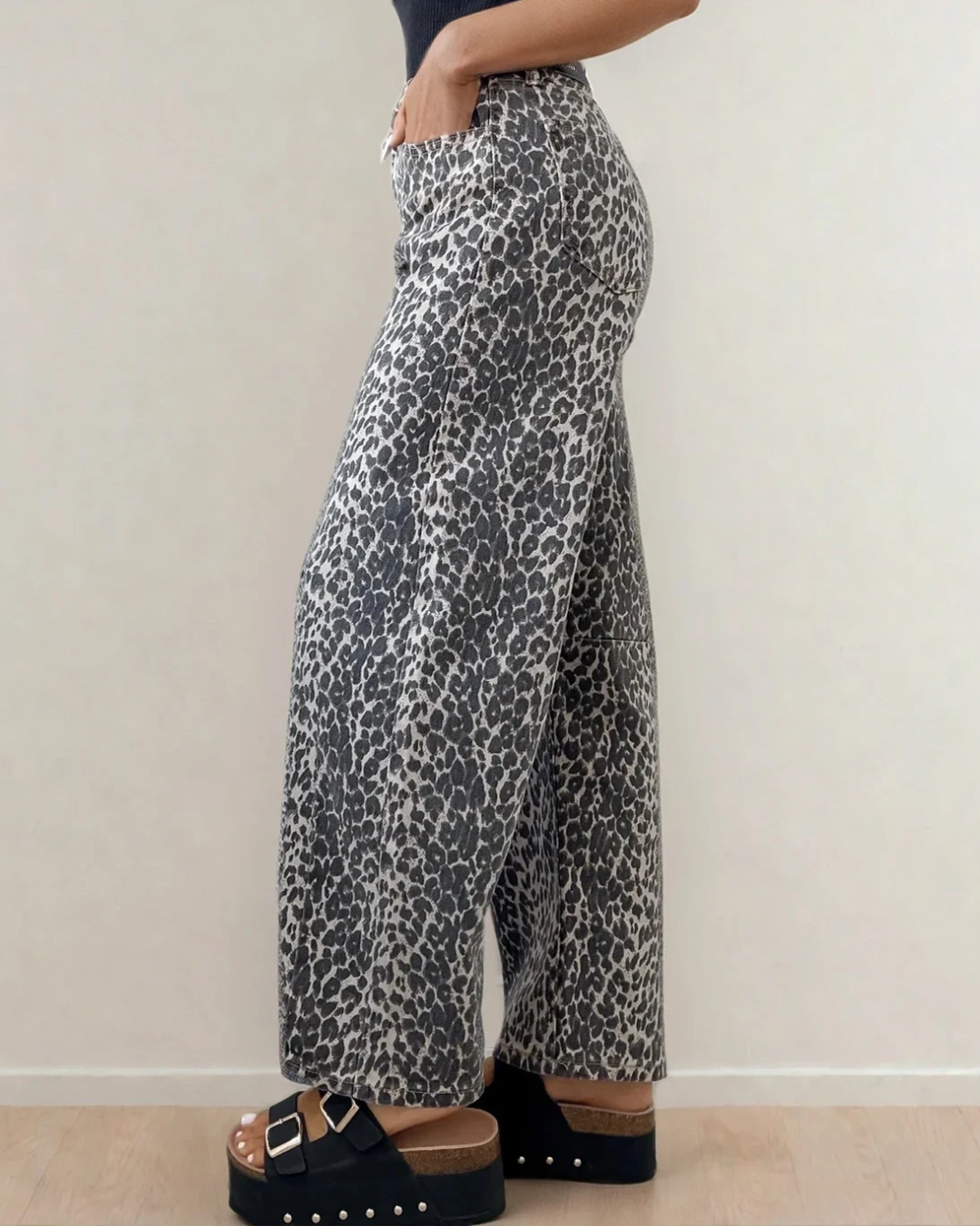 naeve leopard print Naeve Leopard Print High Waist Barrel Jeans view 3 (bottom) - shop at us.meeeshop