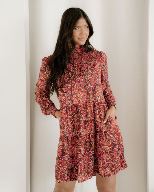 lilith long sleeve Lilith Long Sleeve Shirred High Neck Loose Mini Dress Red (dress) - shop at us.meeeshop