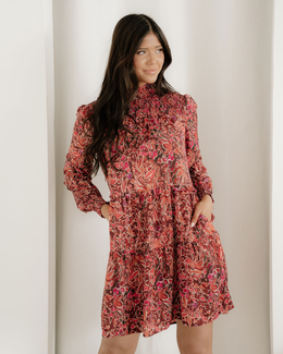 Lilith Long Sleeve Shirred High Neck Loose Mini Dress