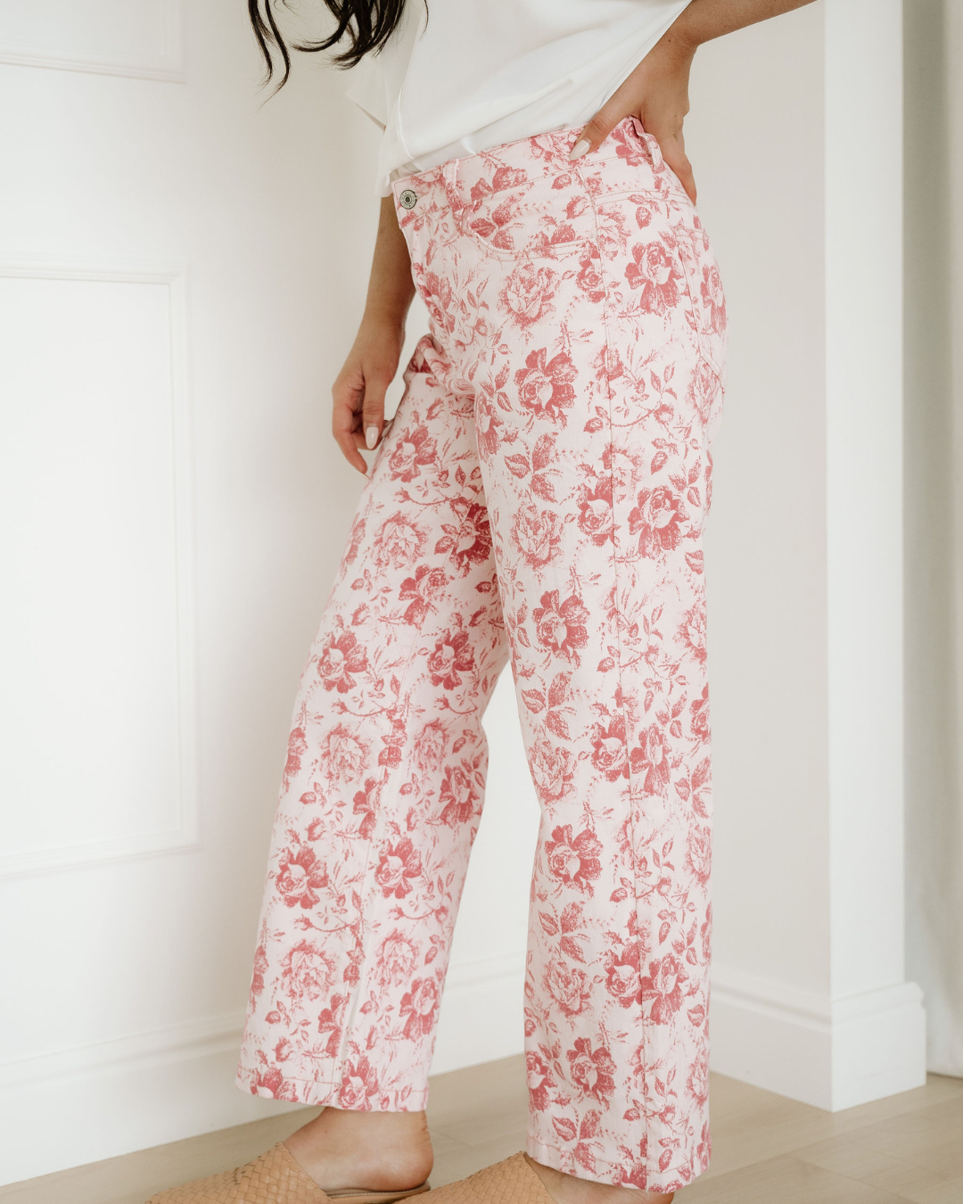 pink vintage floral Pink Vintage Floral Print Denim Shift Pants view 6 (dress) - shop at us.meeeshop