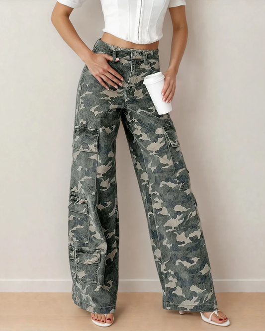 peyton camo multi Peyton Camo Multi Pocket Cargo Wide Leg Jeans Green (bottom) - shop at us.meeeshop
