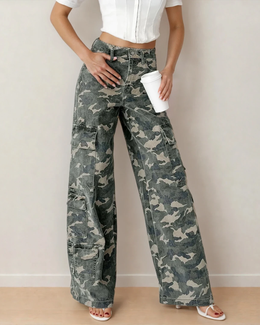 Peyton Camo Multi Pocket Cargo Wide Leg Jeans
