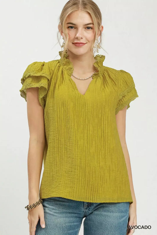 Umgee Lace Trim Ruffle Top (women's shirts & tops) - shop at us.meeeshop