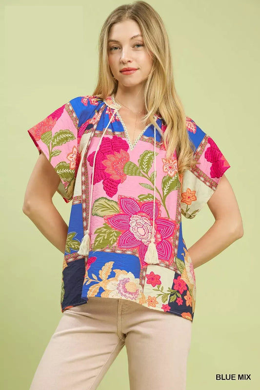 Umgee Mix Floral Patchwork Tassel Tie Top (women's shirts & tops) - shop at us.meeeshop