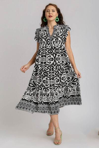 Umgee Two Tone Border Print Ruffle Cap Sleeve Midi Dress Plus Size - us.meeeshop