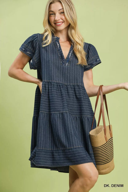 umgee chambray tiered Umgee Chambray Tiered Babydoll Dress DK. DENIM (dress) - shop at us.meeeshop