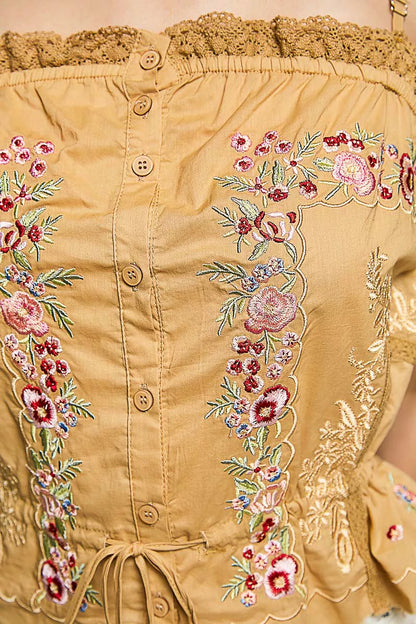 pol button down POL Button Down Floral Embroidered Cropped Cami with Lace Detail view 6 (top) - shop at us.meeeshop