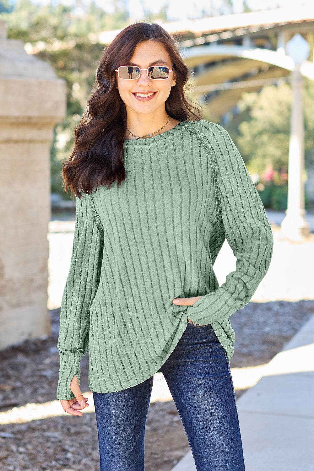 Ribbed Round Neck Long Sleeve Knit Top - us.meeeshop