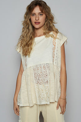 POL Embroidered Detail Boat Neck Cap Sleeve Lace Blouse in Cream