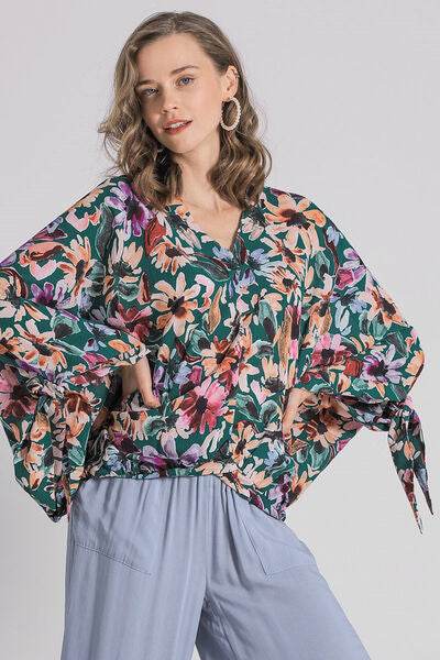 Umgee Floral V-Neck Tie Sleeve Blouse Plus Size - us.meeeshop