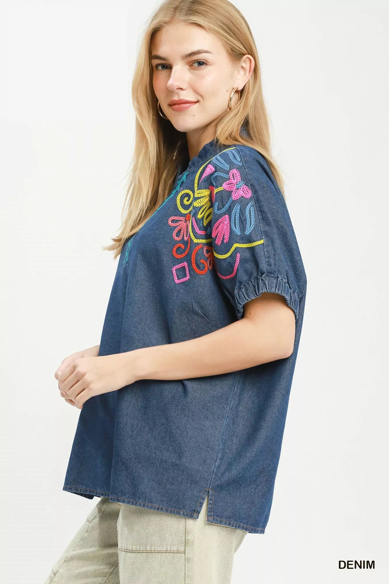 umgee embroidered denim Umgee Embroidered Denim Puff Sleeve Top view 3 (top) - shop at us.meeeshop