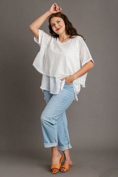 Umgee Eyelet Layered Short Sleeve Blouse Plus Size - us.meeeshop