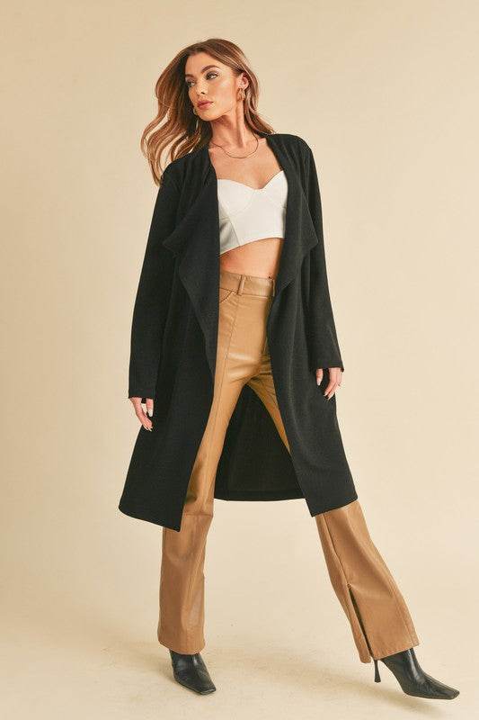 Aemi + Co Open Front Long Sleeve Longline Coat in Black - us.meeeshop