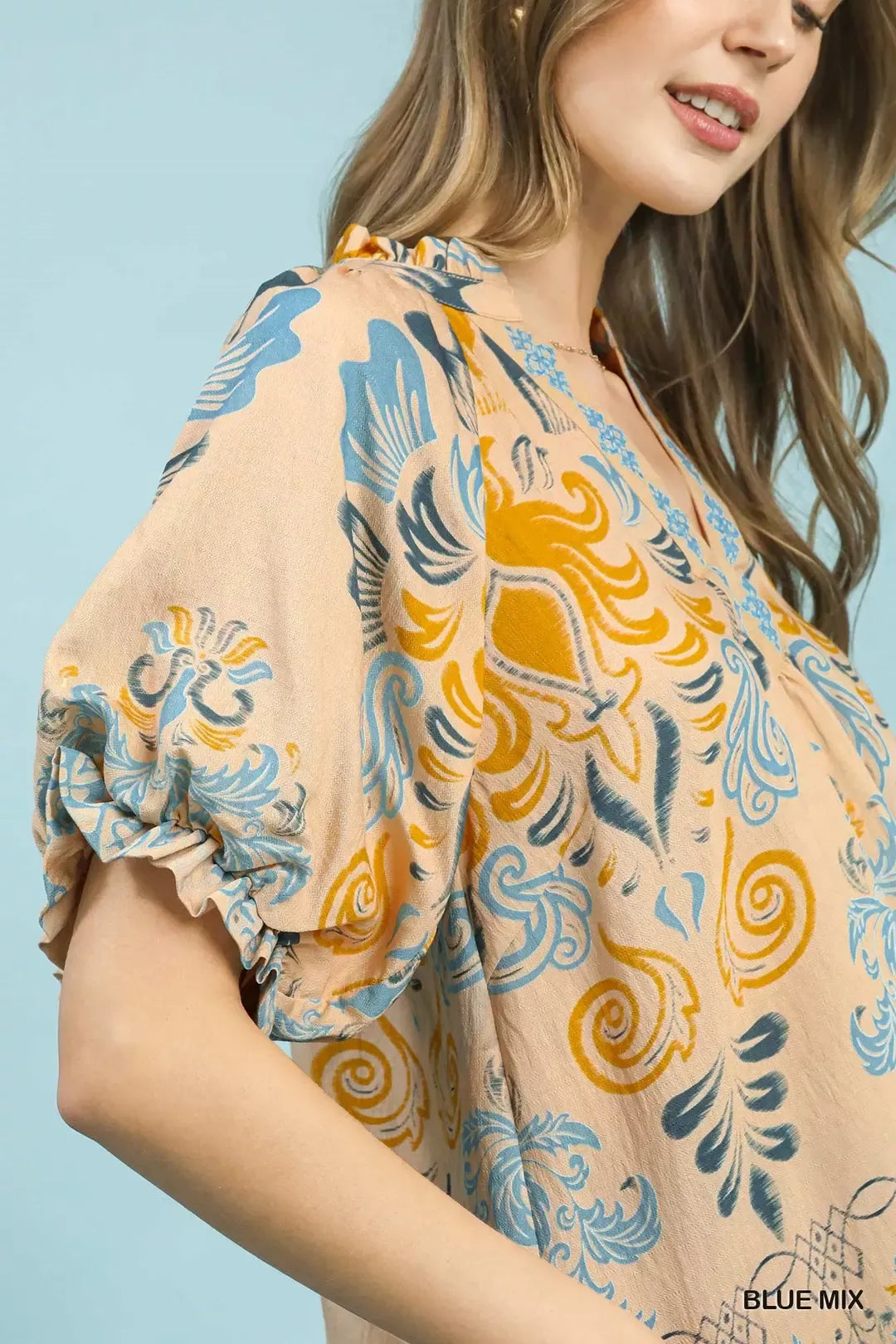 umgee border print Umgee Border Print Puff Sleeve V-neck Blouse view 5 (top) - shop at us.meeeshop