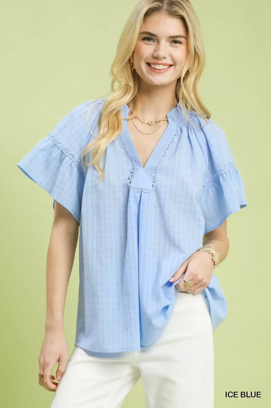 Umgee Gingham Puff Sleeve Top with Lace Trim (women's shirts & tops) - shop at us.meeeshop
