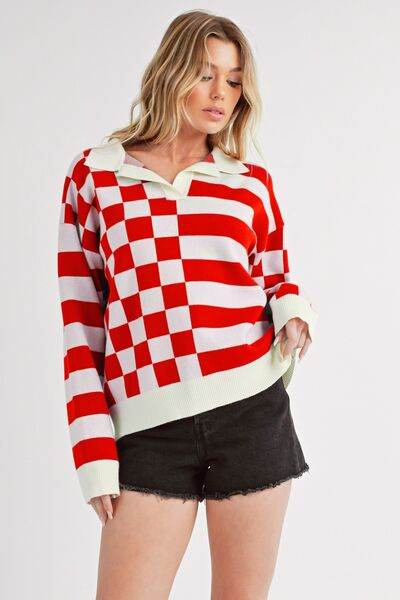 Aemi + Co Striped & Checkered Drop Shoulder Sweater - us.meeeshop