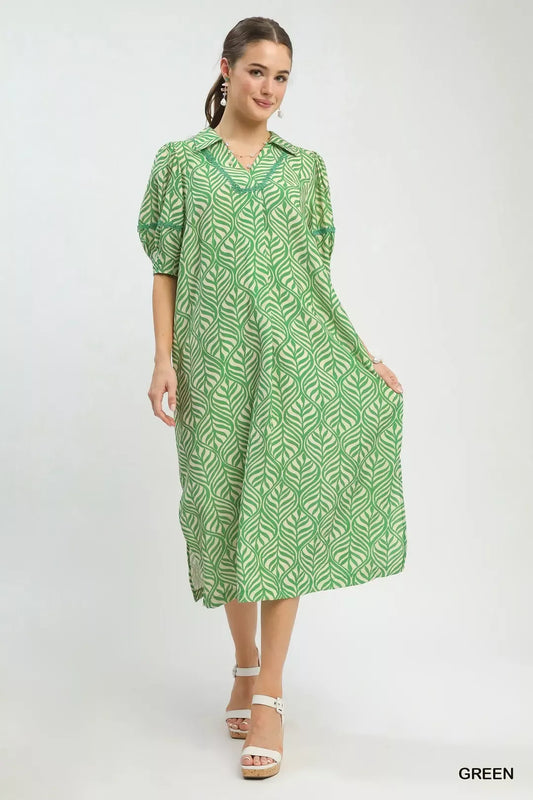Umgee Printed Puff Sleeve Midi Dress with Pockets (women's dresses) - shop at us.meeeshop