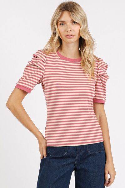 Mittoshop Striped Round Neck Puff Sleeve T-Shirt - us.meeeshop