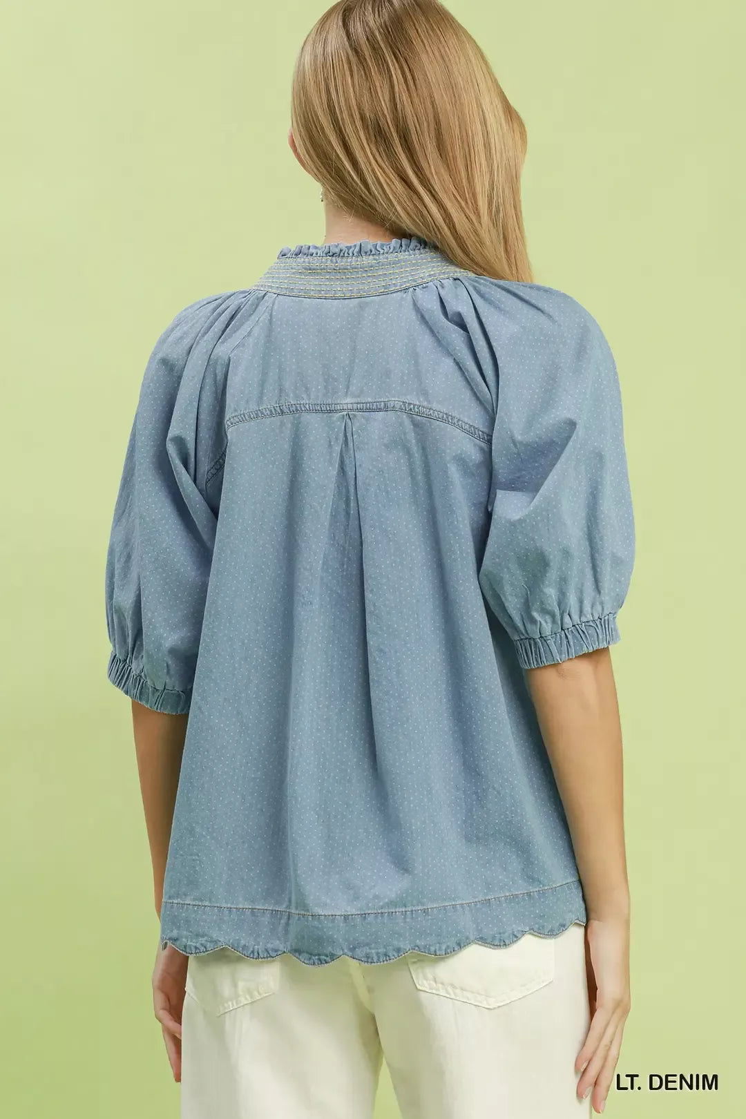 umgee textured puff Umgee Textured Puff Sleeve Scallop Hem Blouse view 3 (top) - shop at us.meeeshop