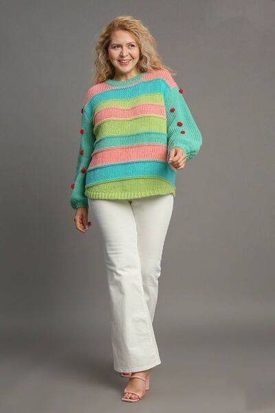 Umgee Color Block Cable Knit Sweater with Pom Pom Plus Size - us.meeeshop