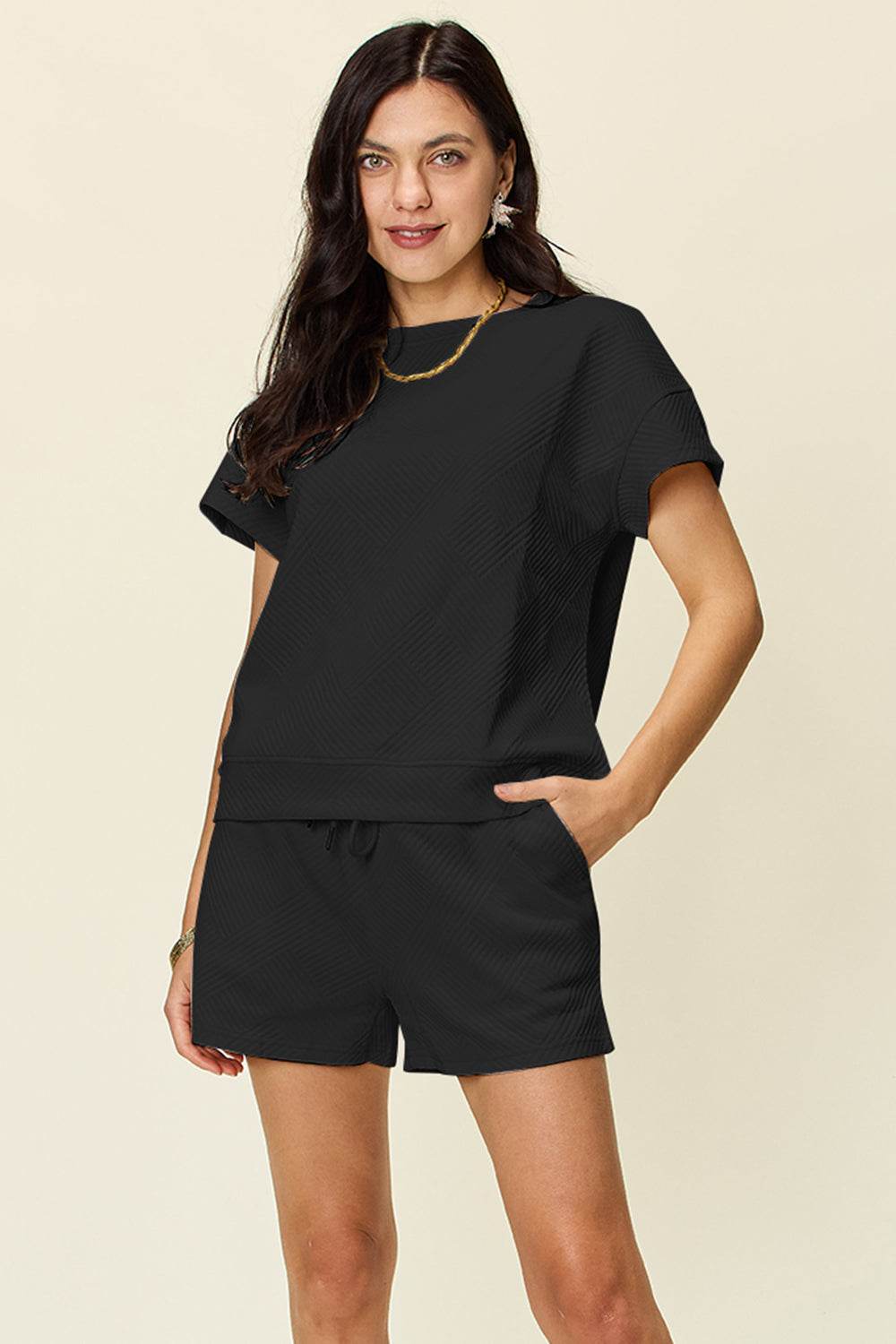 Double Take Full Size Texture Short Sleeve T-Shirt and Drawstring Shorts Set - us.meeeshop